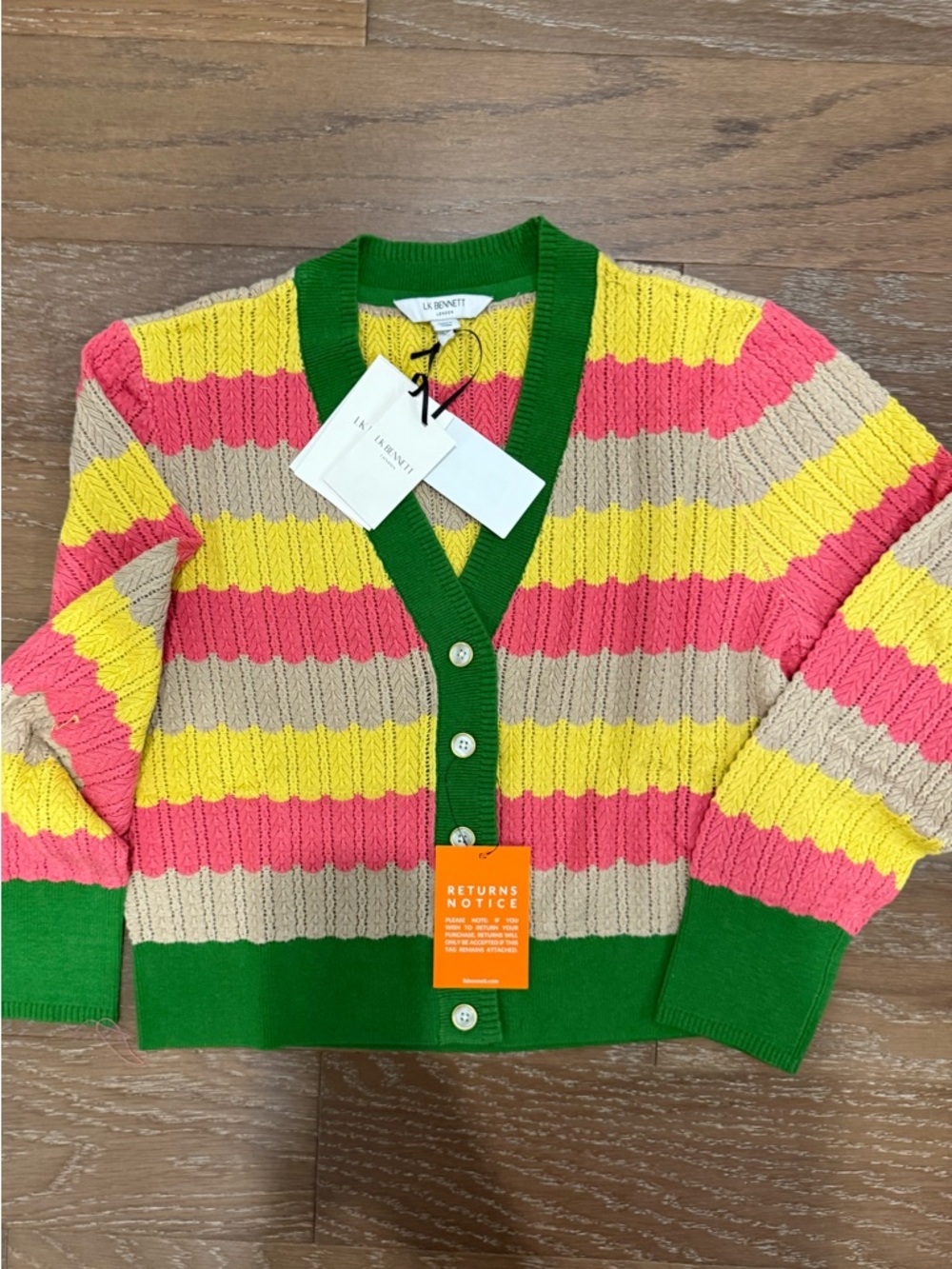 LK Bennett Pink, Yellow & Green Striped V-Neck Cotton Cardigan - Picture 3 of 11